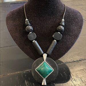 Chico’s Black Silver Dark Turquoise Pendant Necklace Boho Western​